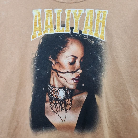 Aaliyah Big Graphic Band Tee Long Sleeves Cropped Tan Orange - Picture 2 of 6